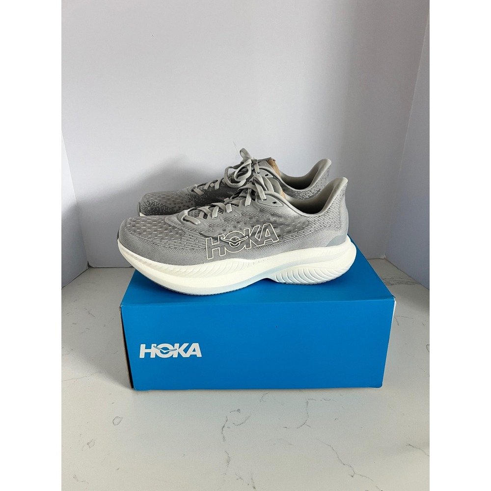 Hoka Mach 6 Silver White Running Shoes Sneakers 1147790 SLBS Mens 9.5D Womens 11